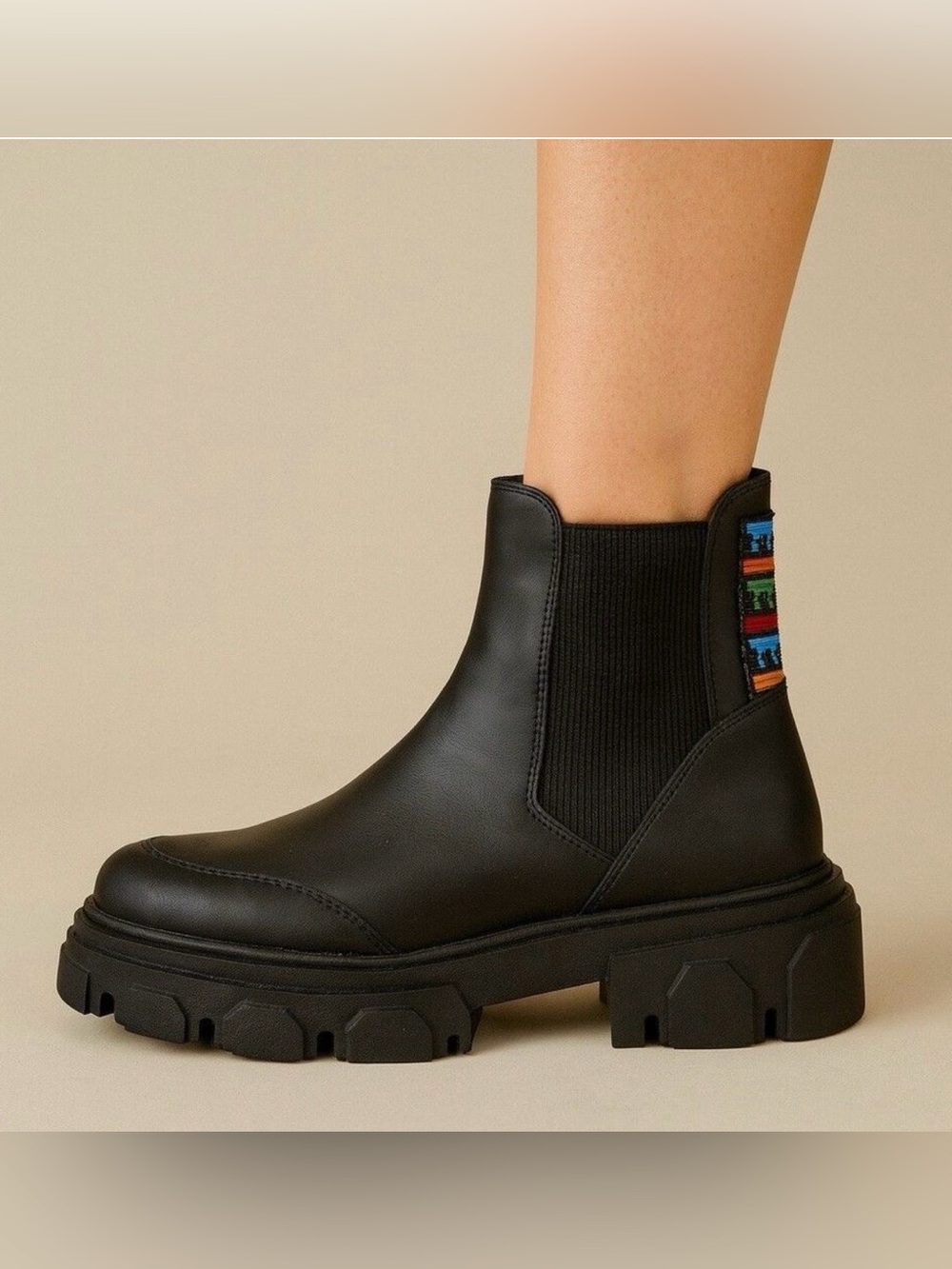 FARM Rio Black Chunky Lug Sole Chelsea Boots with Beaded Detail – Size 9 NEW